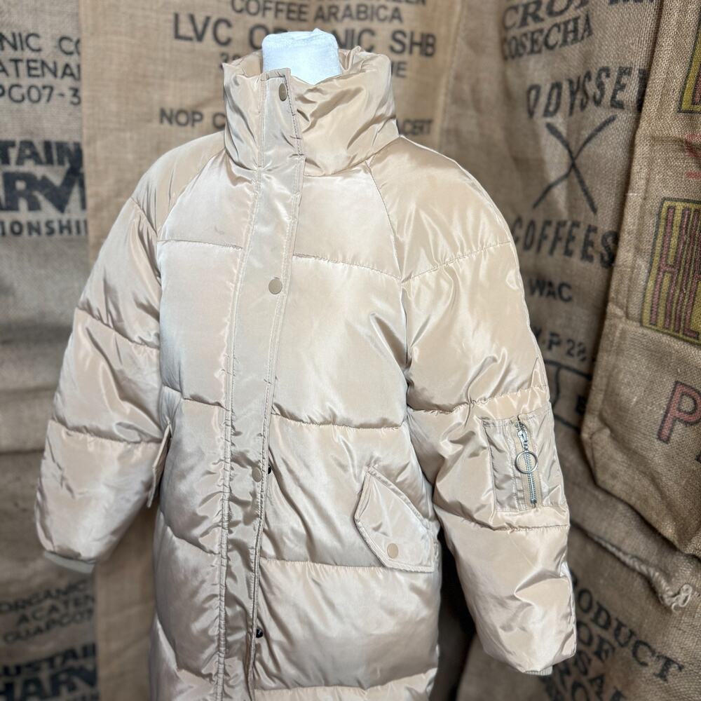Toast Society Long Puffer Coat Jacket Womens S Oversized Beige Full Zip Snap - Picture 7 of 8